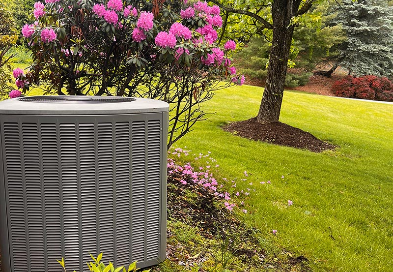 A grey outdoor central air conditioner condenser unit sitting in a backyard, situated next to a bush with bright pink flowers and a well-manicured green lawn.